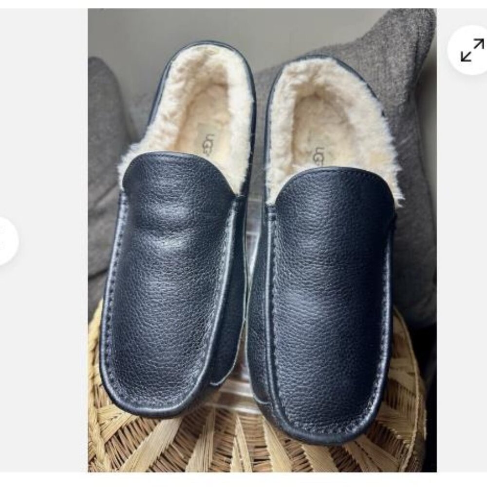 UGG Men's Black Leather Slip-On Loafers with Cream Shearling